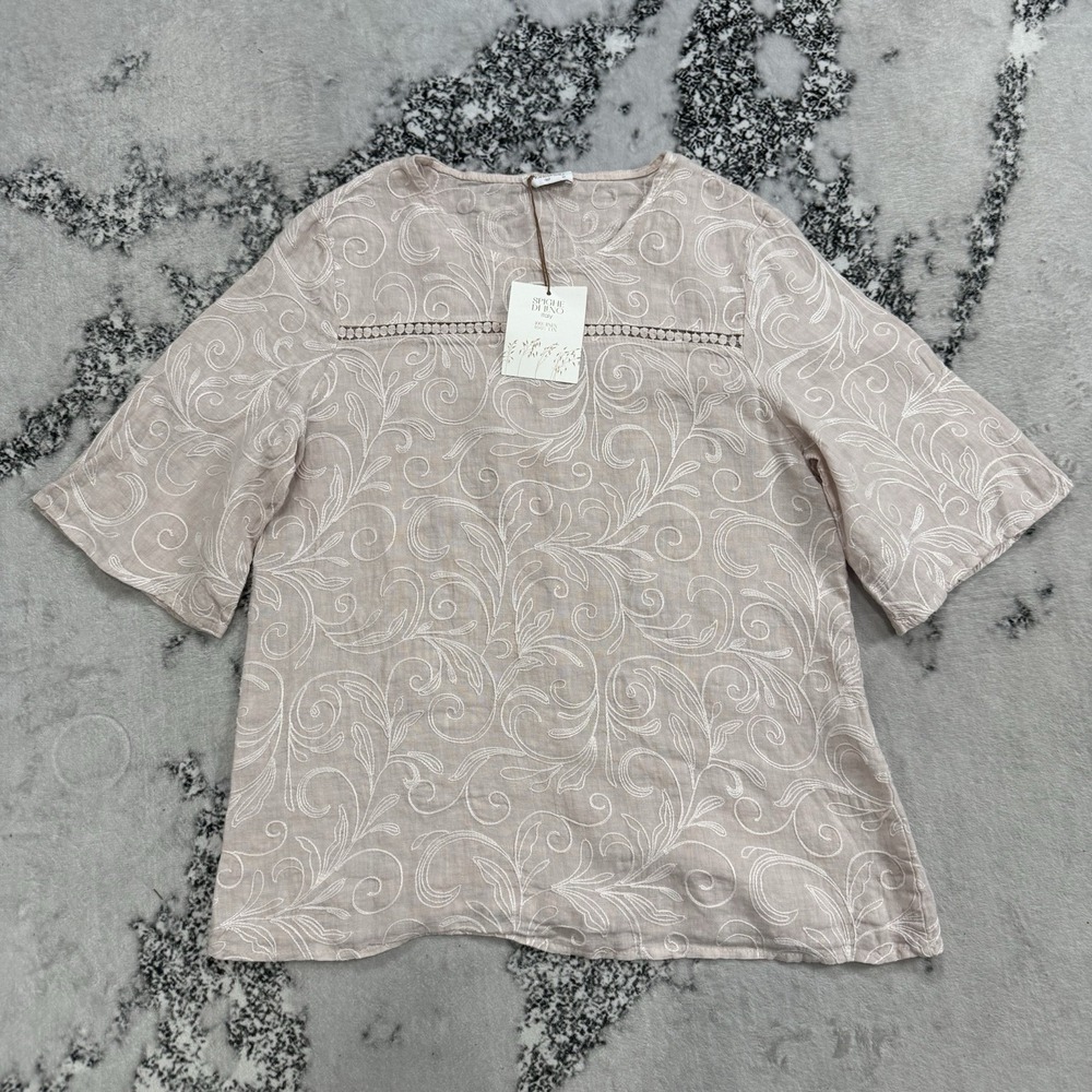 Spighe Di Lino Italy 100% Linen Embroidered Tunic Top Womens Size M Pink Boho